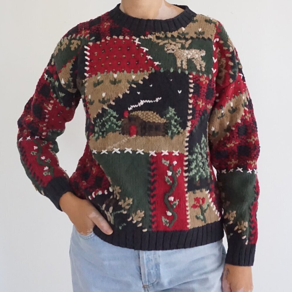 Vintage Portraits Patchwork Cabin Deer Tree Forest Knit Holiday Sweater S